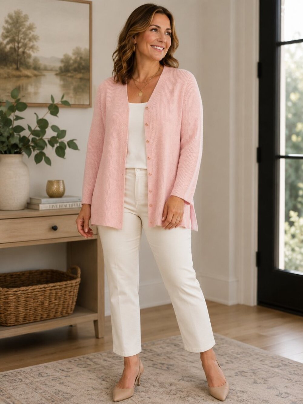 Cyrus 1X Pink Textured Knit Cardigan Gold Floral Buttons Preppy